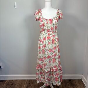 Floral Puff-Sleeve Midi Dress in Pink